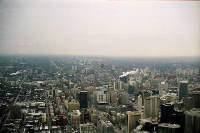 View from the CN-Tower over the city center of Toronto