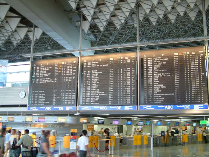 This very large modern mechanical information panel shows the next departures from Rhein-Main airport