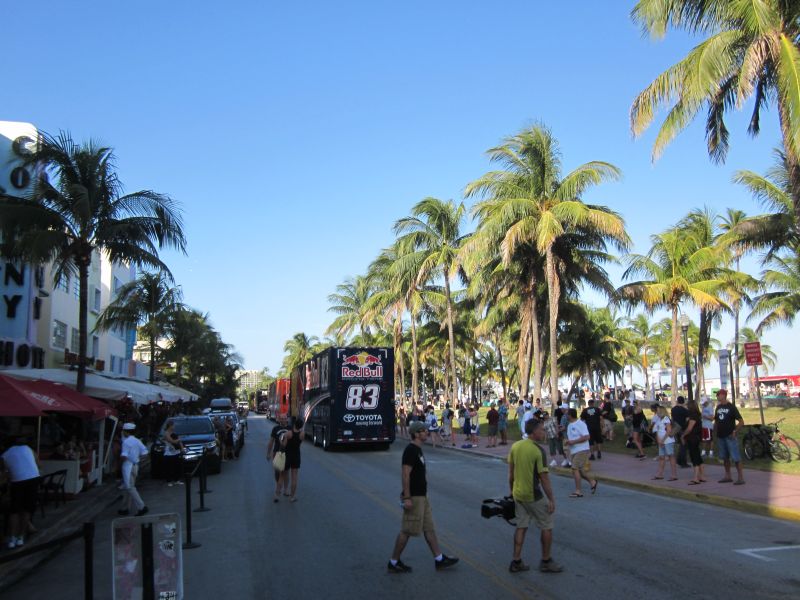 NASCAR trucks on Ocean Drive at Miami Beach