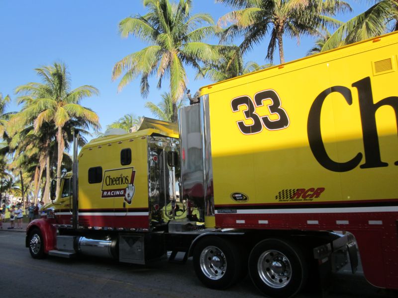 NASCAR trucks on Ocean Drive at Miami Beach