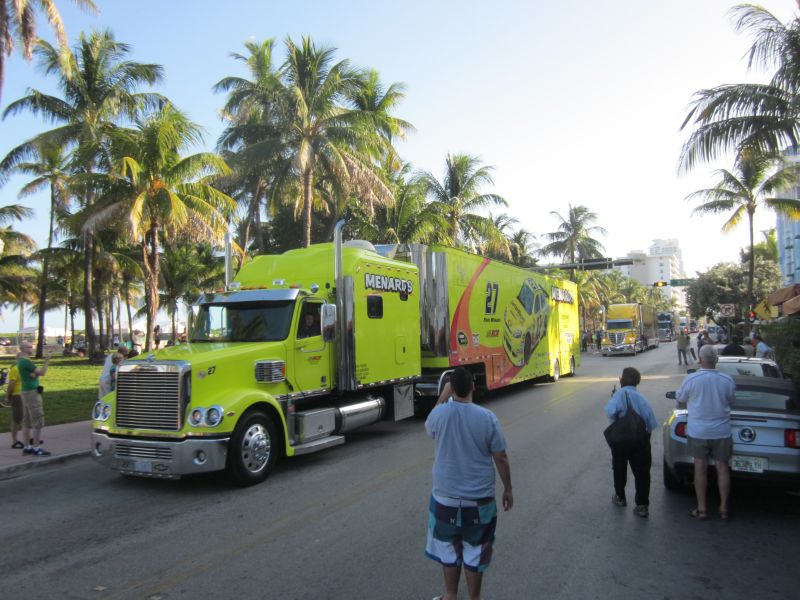 NASCAR trucks on Ocean Drive at Miami Beach