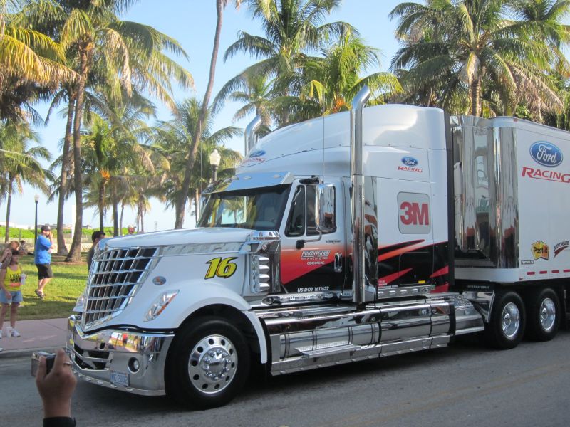 NASCAR trucks on Ocean Drive at Miami Beach