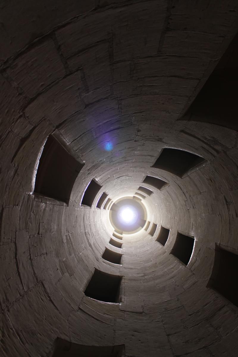 View from the ground floor up into the middle of the double helix staircase