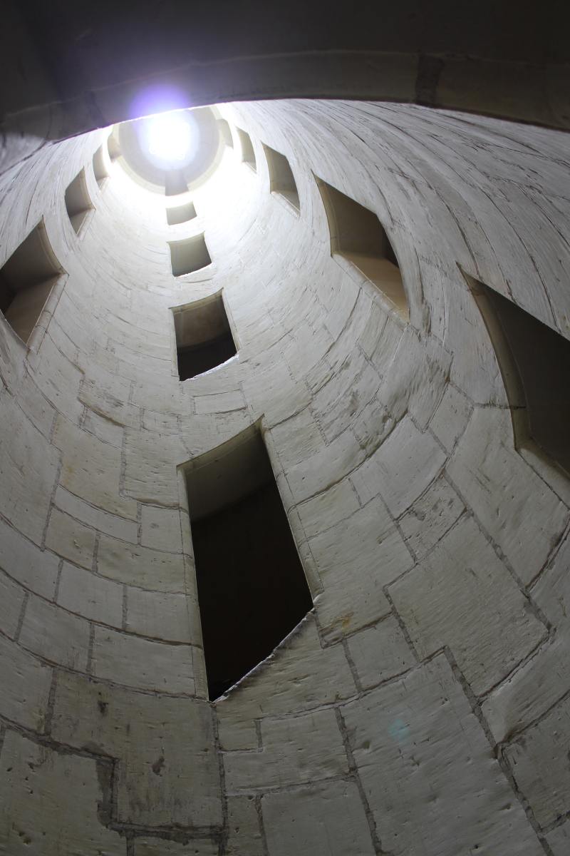 View from the ground floor up into the middle of the double helix staircase