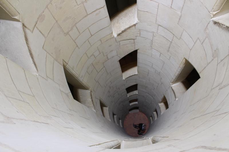 View from the top down into the middle of the double helix staircase