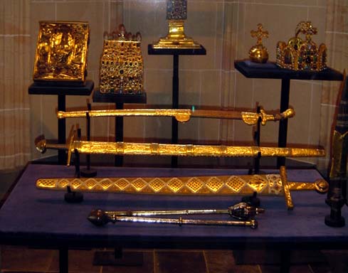Replica of the imperial regalia of Charlemagne are shown in the city hall of Aachen. The orginal sword, orb, imperial crown, etc. are in Vienna.