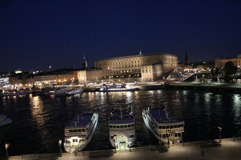 The Royal Palace of Stockholm at night, seen from the first floor of the Grand Hotel.