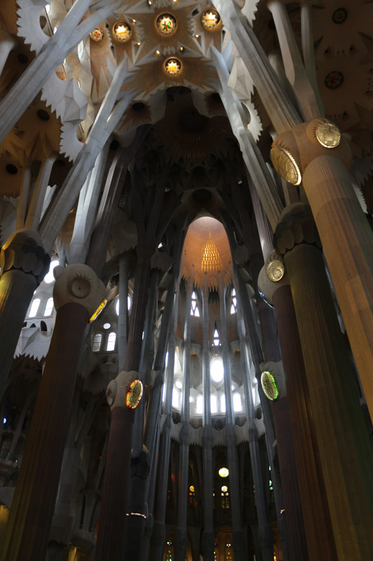 The central nave vaults reach forty-five metres (150& ft).& The columns of the interior are a unique Gaudí design. Besides branching to support their load, their ever-changing surfaces are the result of the intersection of various geometric forms. The simplest example is that of a square base evolving into an octagon as the column rises, then a sixteen-sided form, and eventually to a circle. This effect is the result of a three-dimensional intersection of helicoidal columns (for example a square cross-section column twisting clockwise and a similar one twisting counter-clockwise).