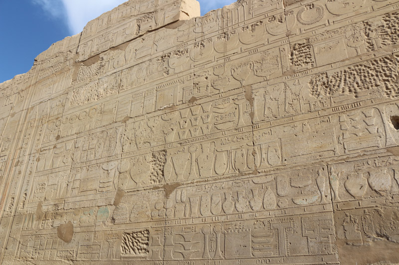 Diese Wand ist faktisch eine art gigantische Spendenquittung. Sie listet alle Waren und Schätze, die vom Pharao an den Tempel von Karnak gespendet wurden.