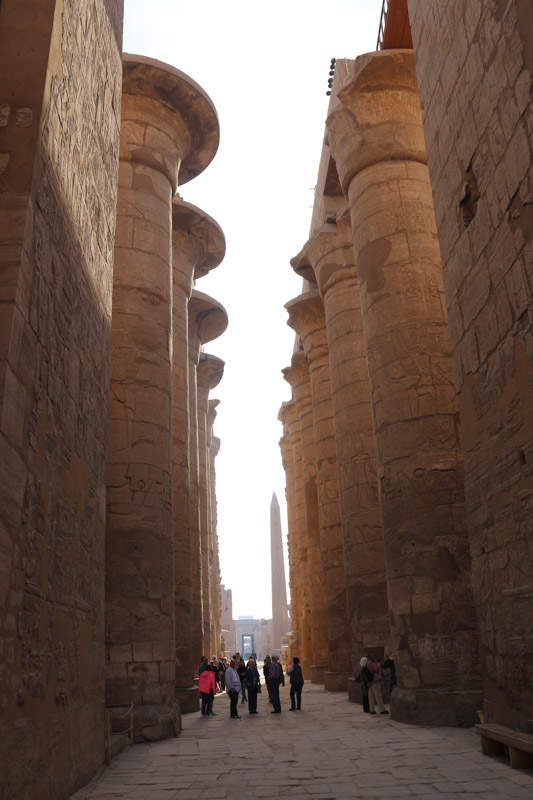 Hypostyle Hall in the Precinct of Amun-Re, a hall area of 50,000 sq ft (5,000 m2) with 134 massive columns arranged in 16 rows. 122 of these columns are 10 meters tall, and the other 12 are 21 meters tall with a diameter of over three meters.