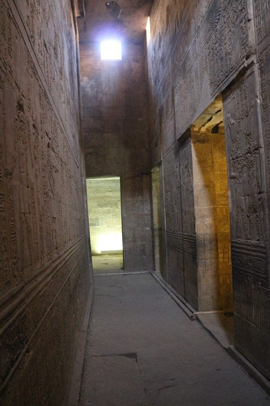 The original lighting system of the temple is mostly preserved. Sunlight comes through narrow holes in the walls or ceilings. They& create focused spots of light in the otherwise mostly dark rooms.