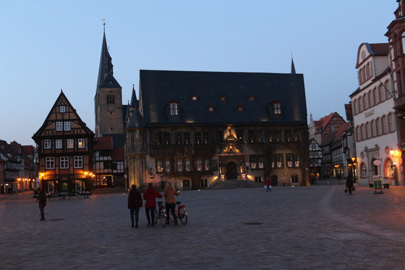 The market square of Quedlinburg shortly after sunset