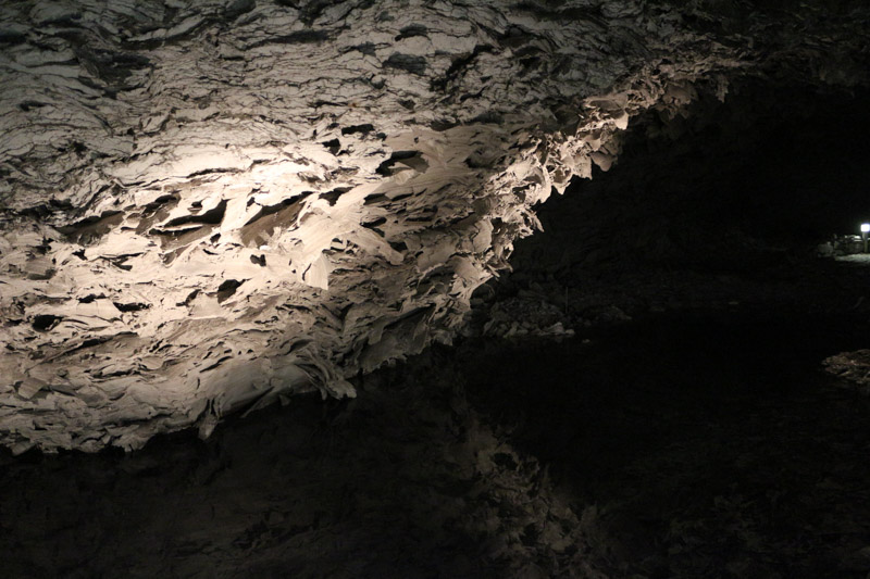 The anhydrite (gypsum) cave ceiling looks like grey leaves or scurf