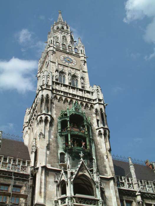 New City-Hall in Munich built between 1867 and 1909 in Flanders Gothic style. Its 260-foot tower with carillon is, with St. Peter's Church and the twin towers of the Cathedral, one of the most distinctive features of the city's skyline.