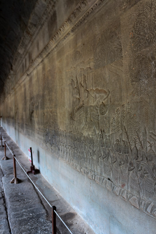 Each relief monumental section is about 100 meters long. There are two reliefs on each side of the temple, located in a roofed corridor on the outer walls of the main complex. So in total about 800 meters of detailed stories shown.