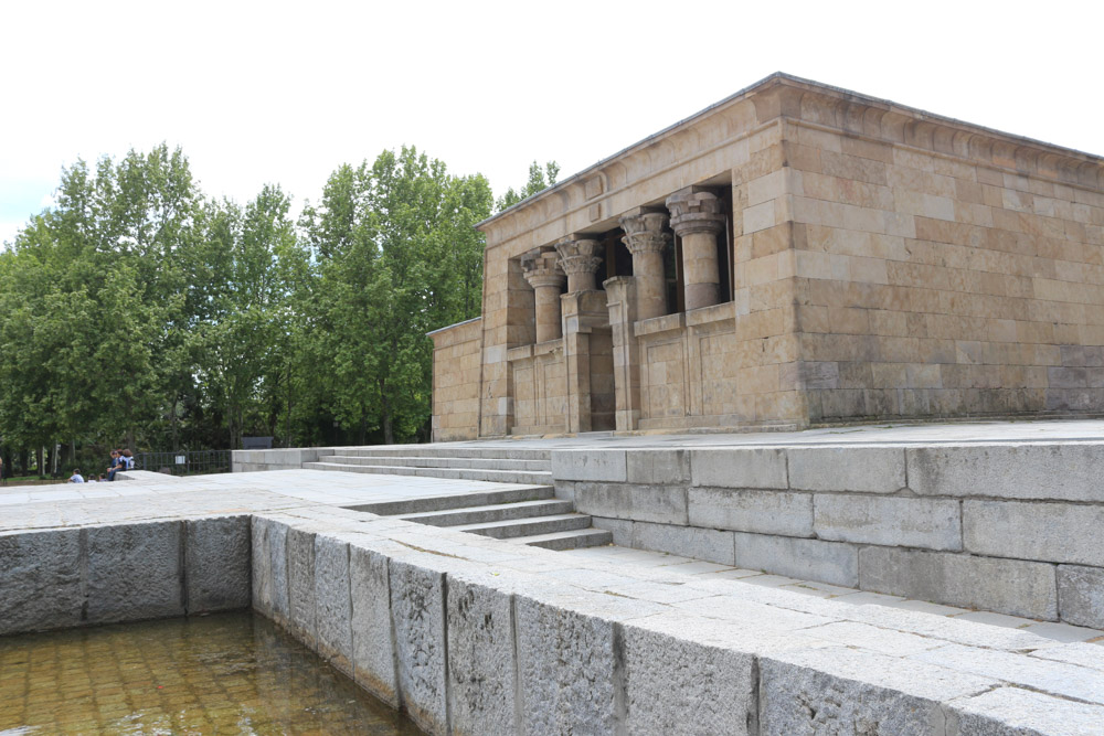 The& Temple of Debod (Spanish:& Templo de Debod) is an& ancient Egyptian& temple& which was dismantled and rebuilt in& Madrid. It& was built originally 15 kilometres (9.3& mi) south of& Aswan in southern Egypt very close to the first& cataract of the Nile& and to the great religious center dedicated to the goddess& Isis, in Philae.