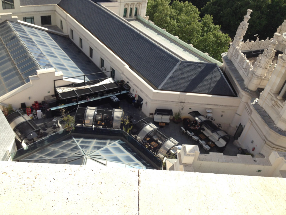 View from the top of Cybele Palace (Palacio de Cibeles) down to the& bar on the roof of the palace