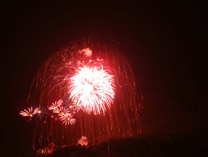 Feuerwerk zu Ehren des Nationalfeiertags in Liechtenstein - dem so genannten Fürstenfest am 15. August. Links sieht man klein das an sich sehr große mittelalterliche Schloss Leichtenstein.