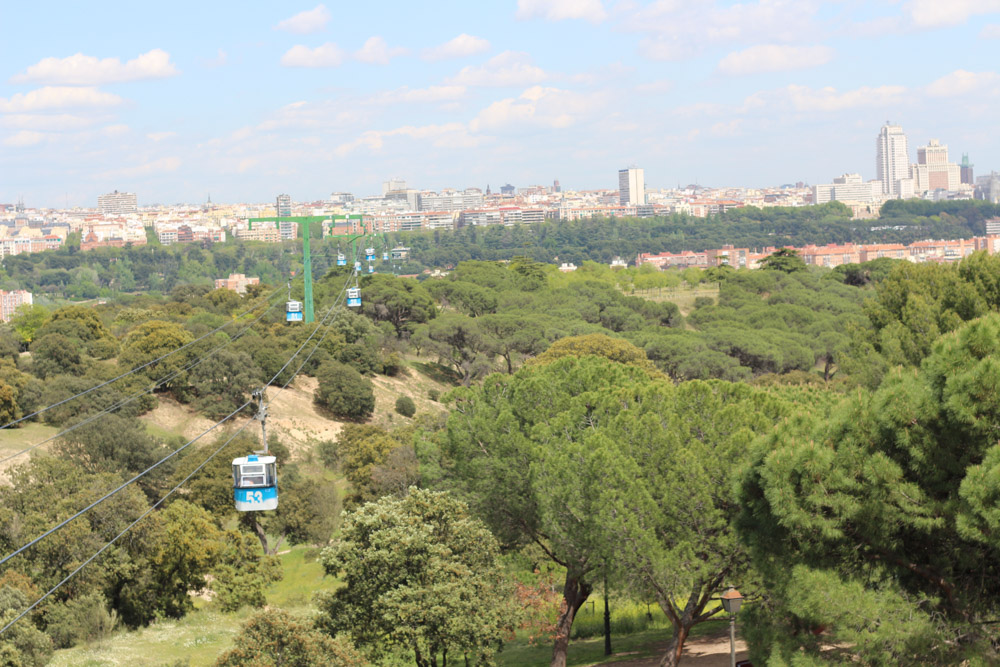 View from the Case de Campo station of Teleférico de Madrid (cable car) over downtown