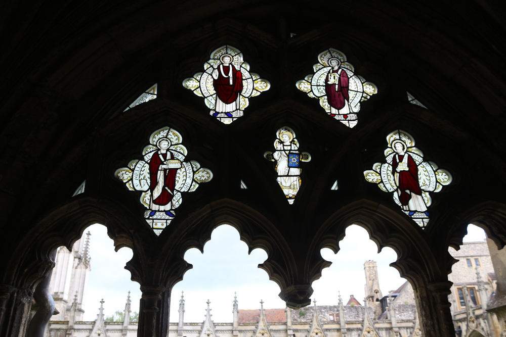 Stained windows in the Canterbury Cathedral cloister