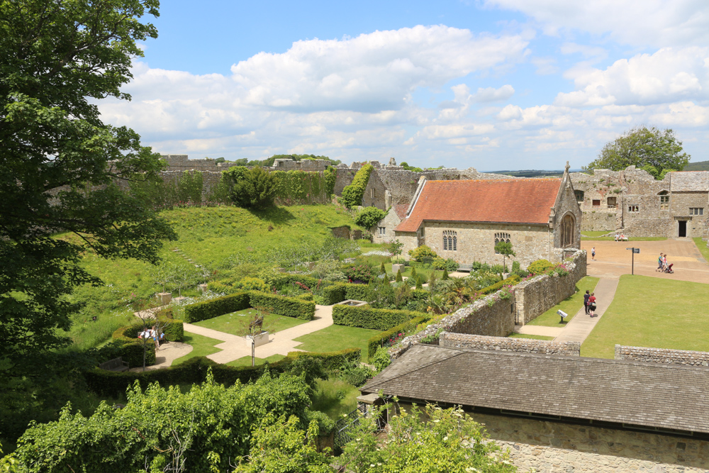 View from the wall down the rose garden and chapel