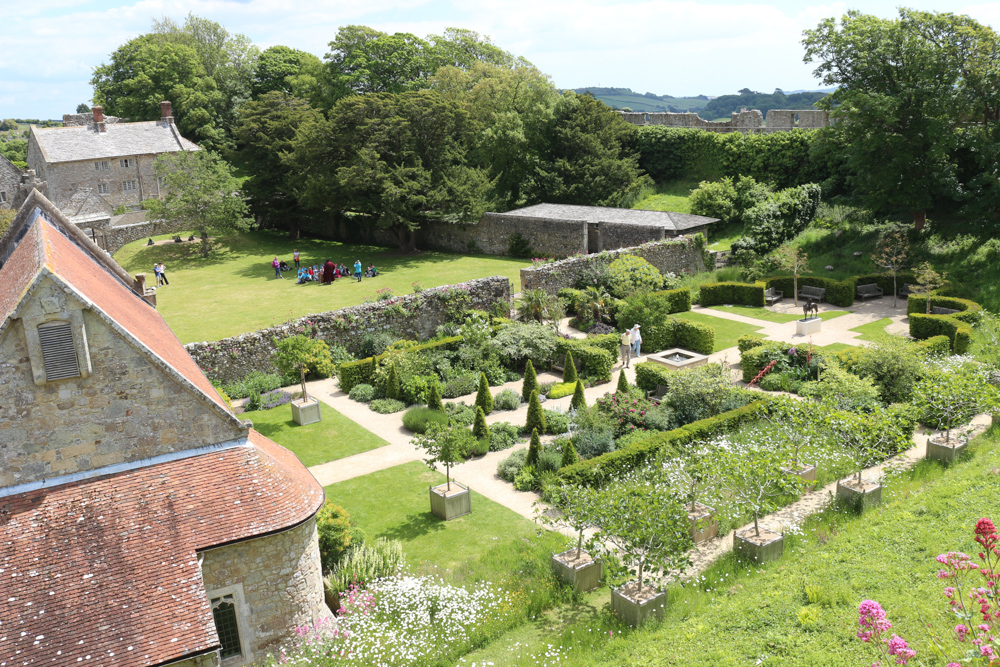 View from the wall down the rose garden and chapel