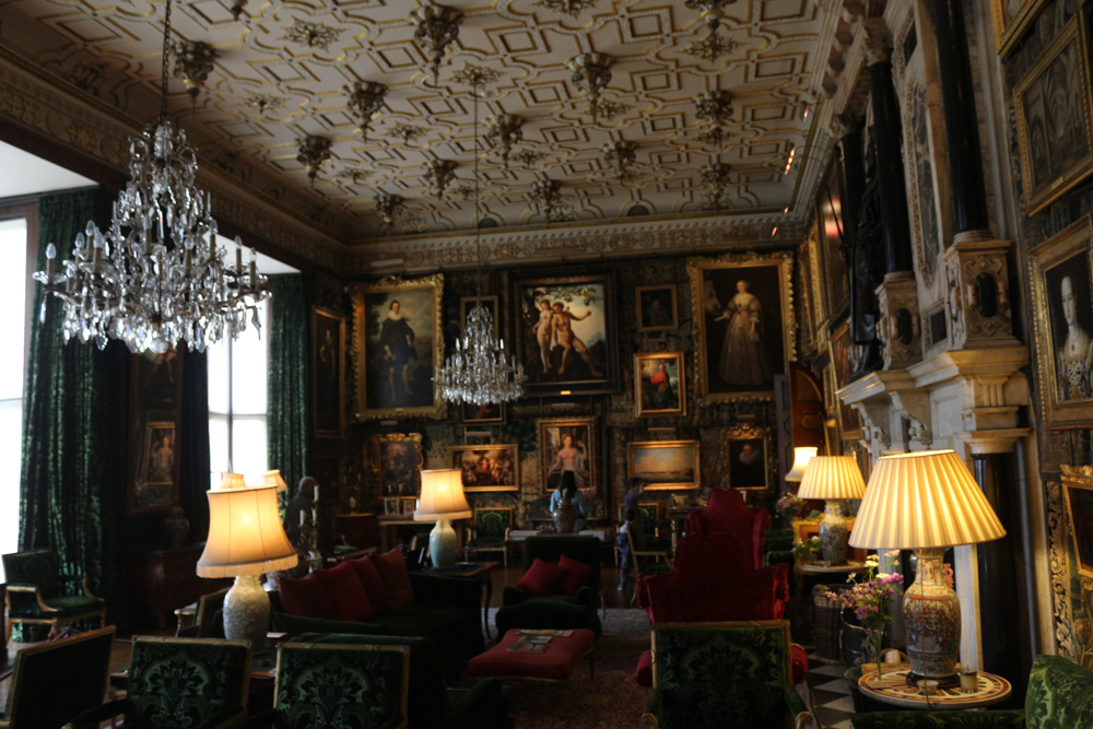 Sitting room of Hatfield House. Seems the objective was to put as much precious stuff in here as possible. The room features silk wallpapers with medieval tapestries above them. Then they hung priceless paintings above the tapestries to make sure that every square centimeter of the wall is used at least three times.