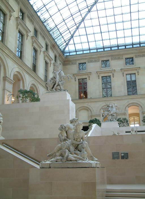 Sculptures in one of the two glass-roofed courtyards of the northern wing of the Louvre