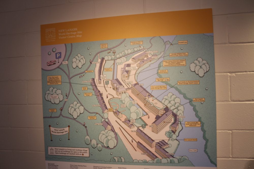 Overview plan of the site hanging on a wall in New Lanark museum