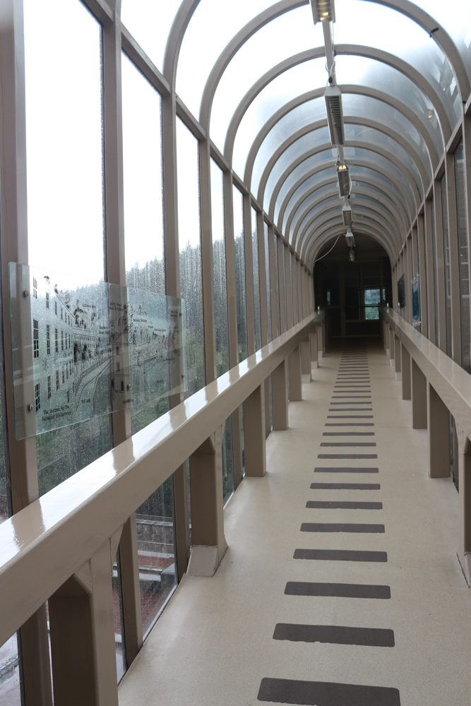 Glass bridge from the entrance building to the main exhibition of the New Lanark Museum