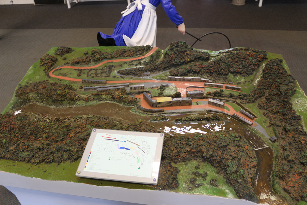 Small overview model of the Lanark site with the factory and the living quarters around it. The river provides the power to run the machinery.