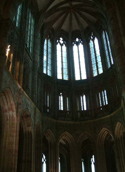 Interior of the abbey church of Mont-Saint-Michel. The work on the chuch began in the 11th century.