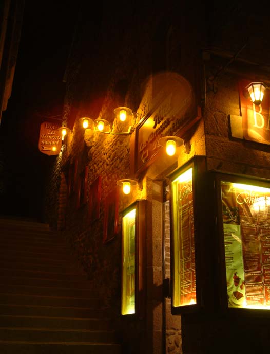 Restaurant in Mont-Saint-Michel during the night