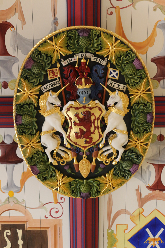 Colorful wooden ceiling with coat of arms in the royal apartments of Stirling Castle