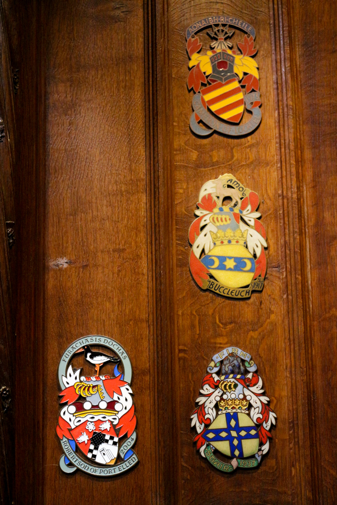 Thistle Chapel in St Giles' Cathedral. The knights of The Most Ancient and Most Noble Order of the Thistle decorate their seats with individual coat of arms.