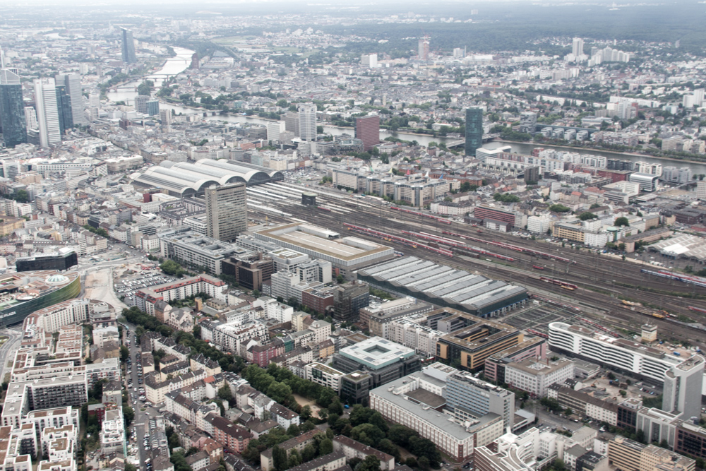 View from a helicopter over Frankfurt: Frankfurt main train station and its huge track field surrounding by office buildings.