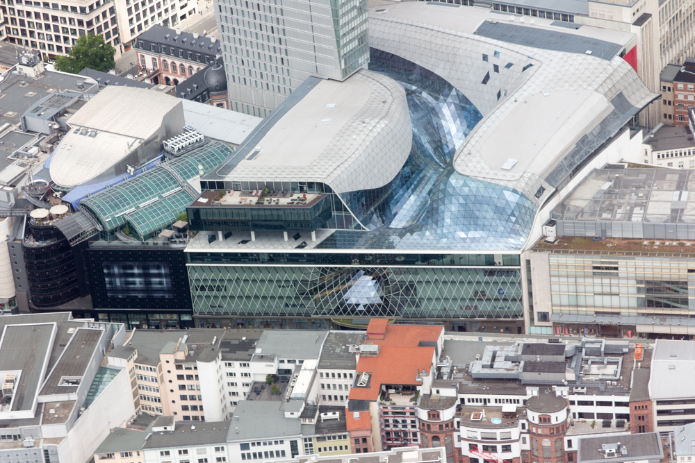 View from a helicopter over Frankfurt: MyZeil shopping center.