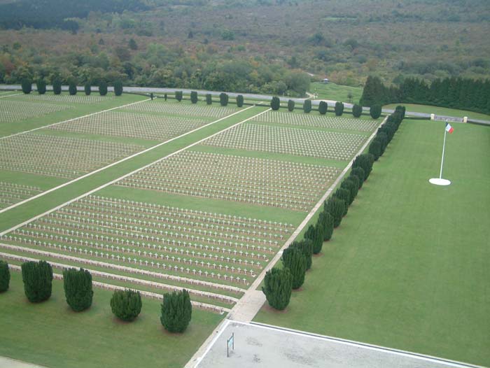 View from the tower of the Douaumont Ossuary over the National Cemetery with the graves of 15.000 French soldiers
