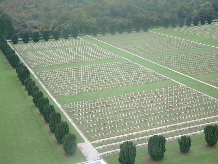 View from the tower of the Douaumont Ossuary over the National Cemetery with the graves of 15.000 French Soldiers