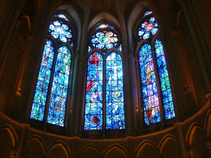 Stained glasses of the famous Russian painter Marc Chagall in the cathedral