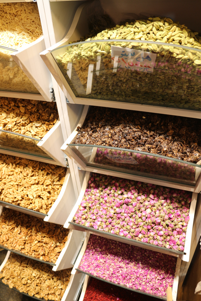 All kinds of nuts and dried flowers in Tehran Bazaar