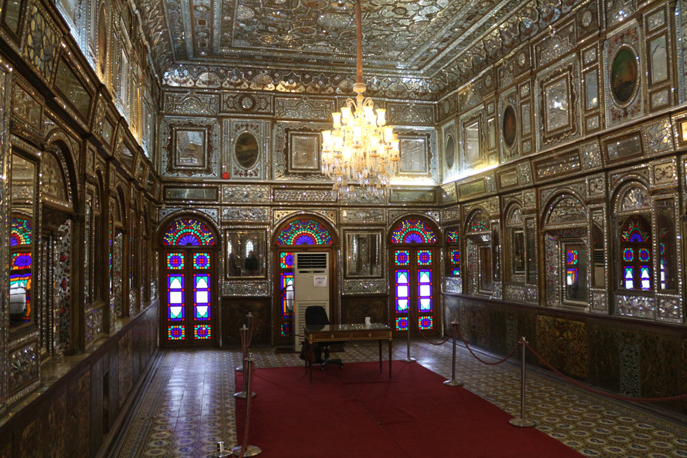 Inside the Building of the Windcatchers in the Golestan Palace: The walls and the ceiling are covered with small mirrors.