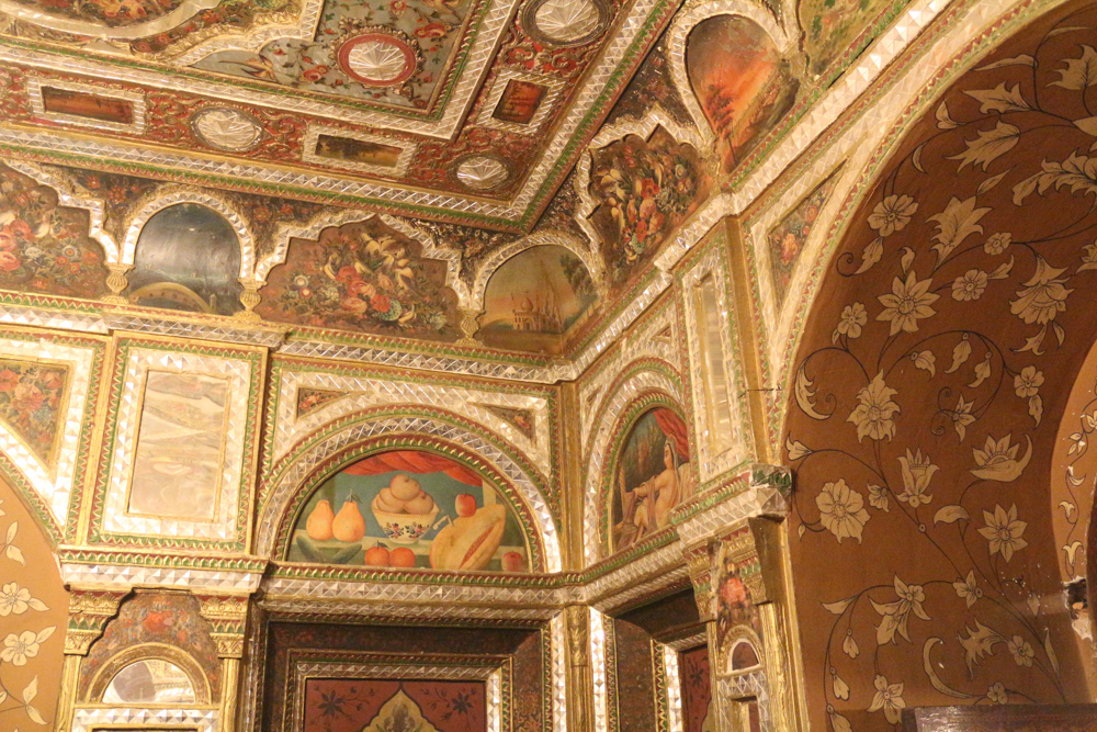 Inside the Building of the Windcatchers in the Golestan Palace: Painted walls in one of the smaller rooms.