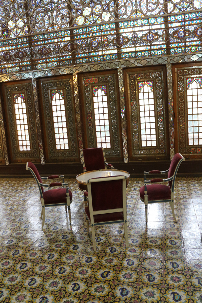 Inside the Building of the Windcatchers in the Golestan Palace: The walls and the ceiling are covered with small mirrors.