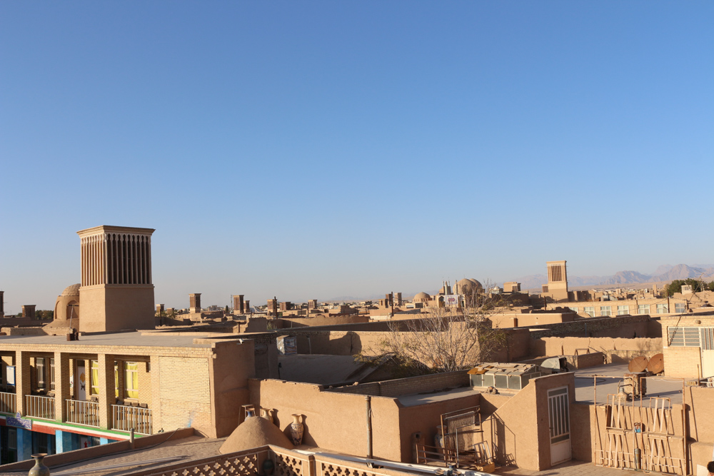 Panorama of the old town of Yazd with its sand-colored adobe buildings