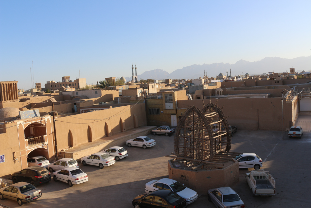 Panorama of the old town of Yazd with its sand-colored adobe buildings
