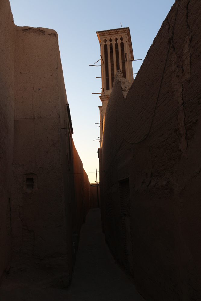 The narrow streets in the old town of Yazd were never built straight to give better protection from sand storms.
