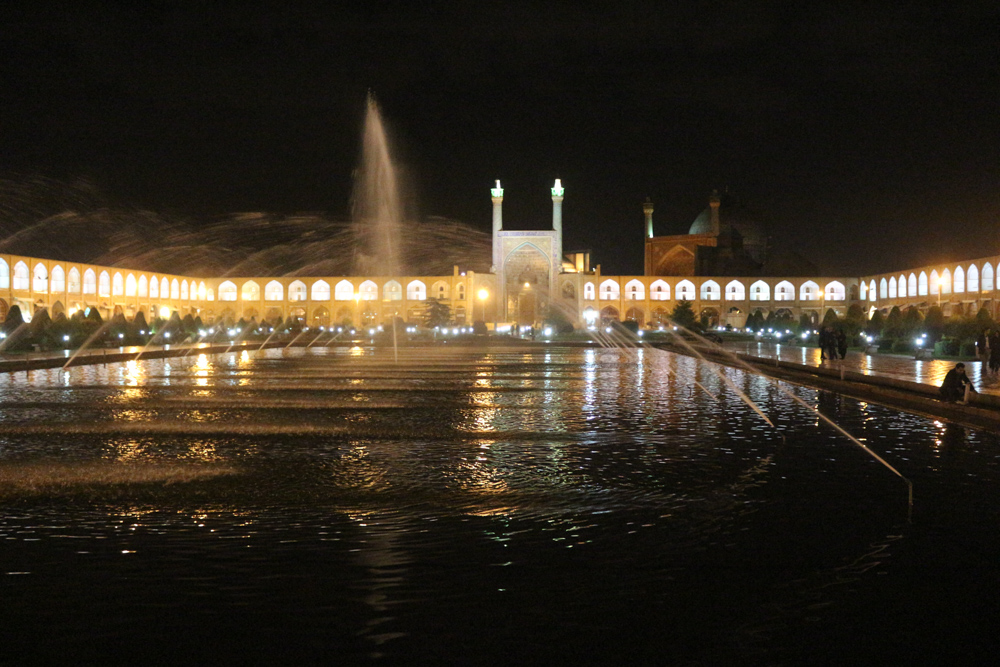 Naghsh-i Jahan Square at night. Constructed between 1598 and 1629, it is now an important historical site, and one of UNESCO's World Heritage Sites. It is 160 metres (520 ft) wide by 560 metres (1,840 ft) long (an area of 89,600 square metres (964,000 sq ft)). The square is surrounded by buildings from the Safavid era.