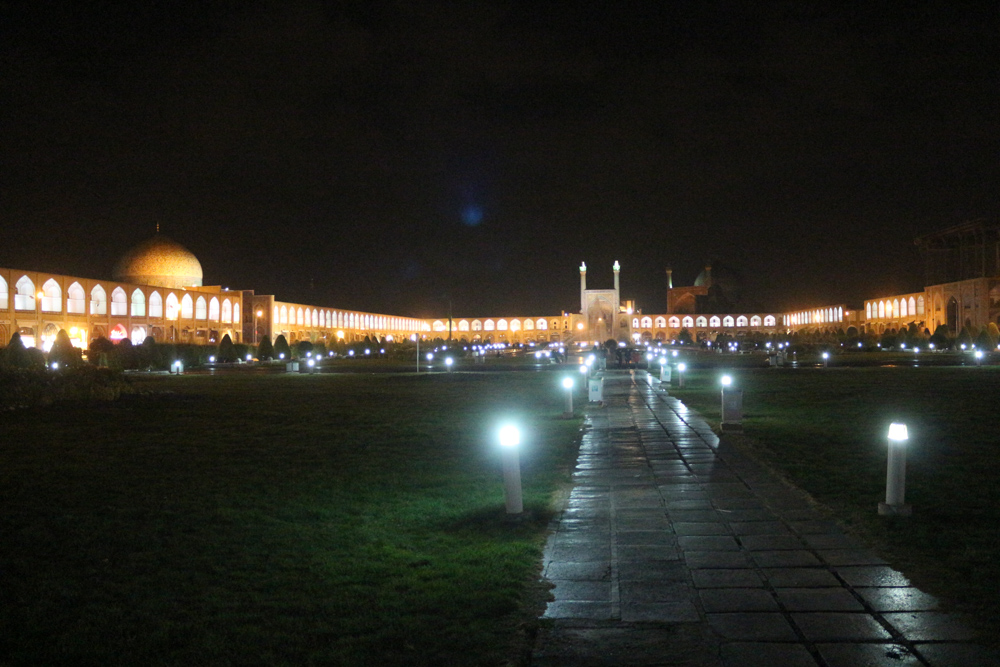 Naghsh-i Jahan Square at night. Constructed between 1598 and 1629, it is now an important historical site, and one of UNESCO's World Heritage Sites. It is 160 metres (520 ft) wide by 560 metres (1,840 ft) long (an area of 89,600 square metres (964,000 sq ft)). The square is surrounded by buildings from the Safavid era.