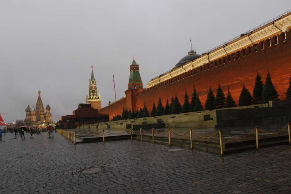Red square with the Kremlin wall and the Lenin mausoleum